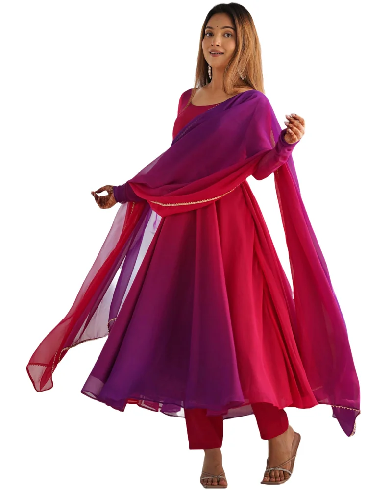 جو سريكي جورجيت أناركالي للسيدات من GoSriKi كورتا صلبة مع بنطال ودوباتا (SADE PINK-VKS01-GS_L_Pink_Large)